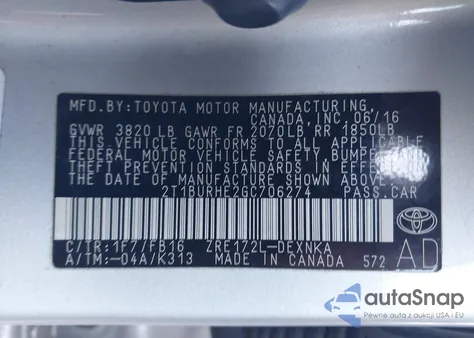 2016 Toyota Corolla Le z USA, uszkodzony, nr VIN 2T1BURHE2GC706274